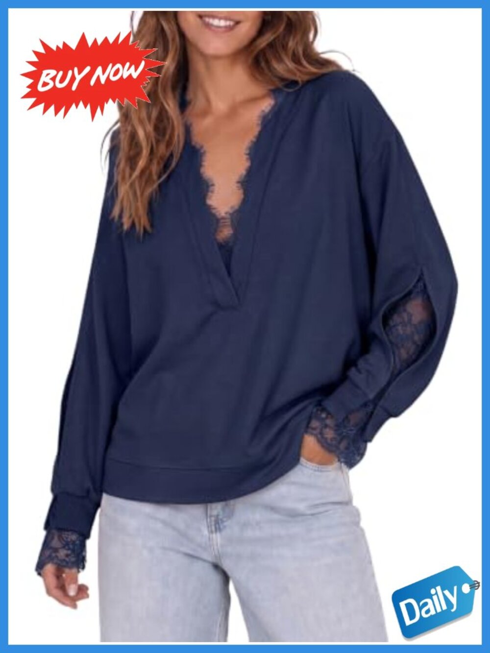 Oversized Deep V Neck Lace Sweatshirt Pullover Long Sleeve Top